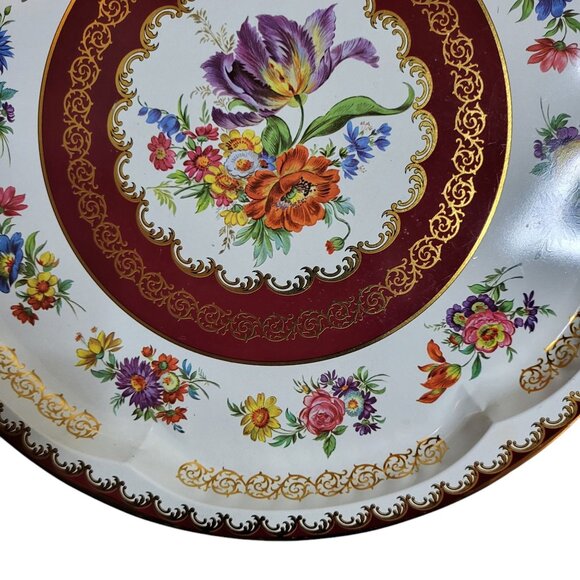 2 Vtg Daher Decorated Ware Round Metal Trays Red Floral 13" Diameter England - Picture 6 of 8